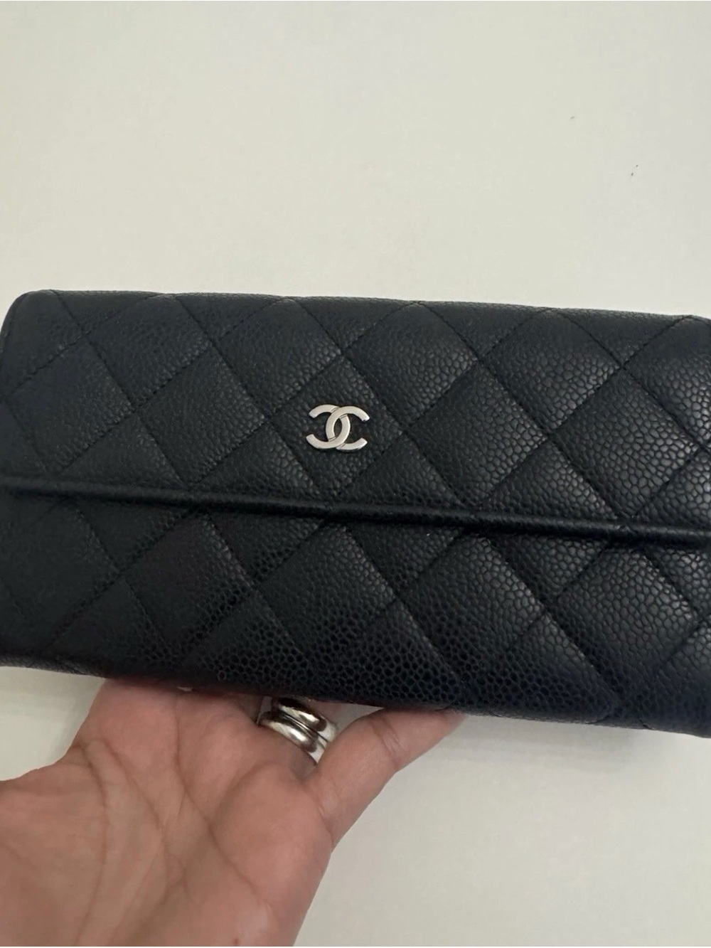 CHANEL Black Quilted Caviar Leather Long Wallet with Silver CC